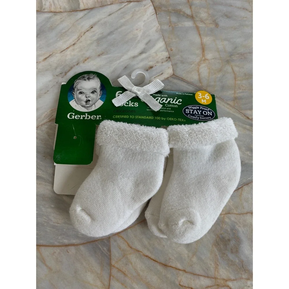 Gerber Baby Socks 3-6M White Organic Cotton Wiggle Proof Stay On Booties NEW